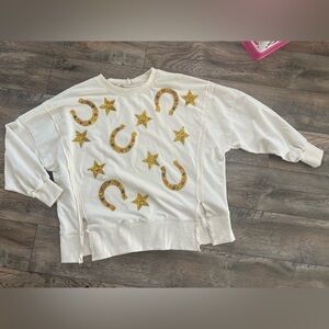 Peach love the good babes co sequin western horse shoe crew neck sweater small